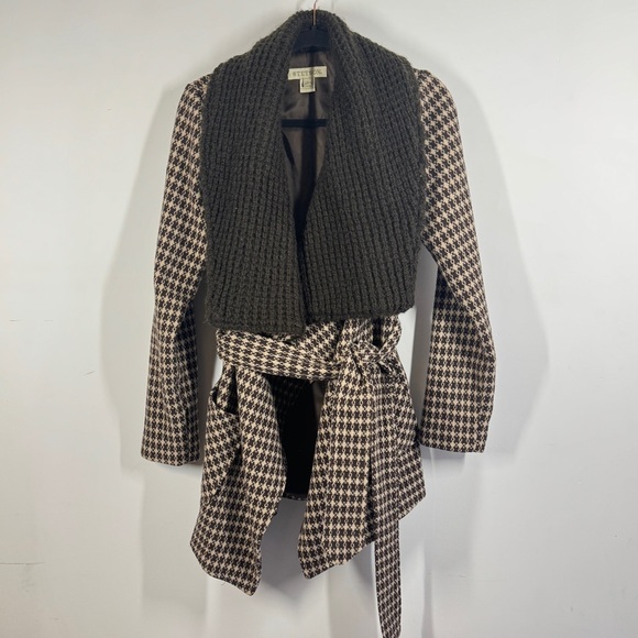 Vintage Stetson Brown Houndstooth Wool Blend Knit Collar Belted Coat Size S - Picture 2 of 14